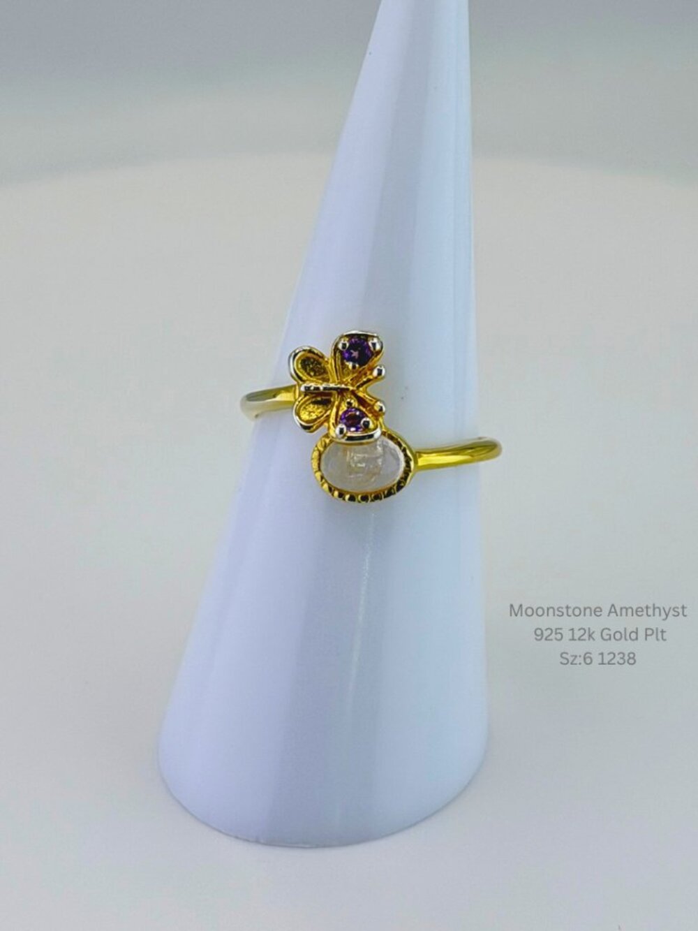 Natural Moonstone & Amethyst Butterfly Ring 925 Sterling Silver 12K Gold Plated
